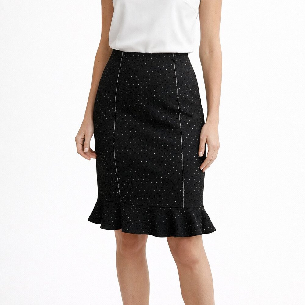 bebe Black Pinstripe White Polka Dot Ruffle Hem Pencil Skirt Size 00 XXS